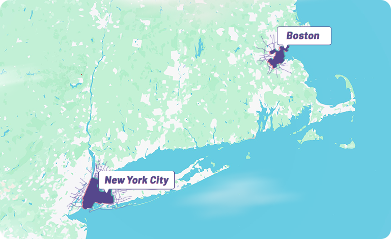 Map of Boston and NYC