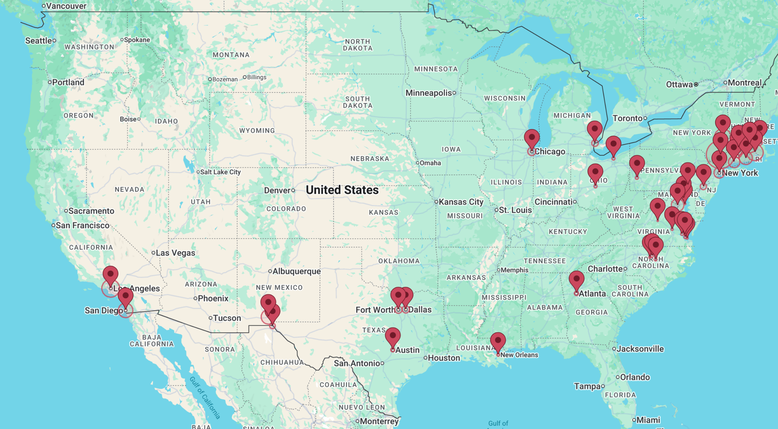 Map of the continental United States with pins to mark the locations where you can request archival scans through the Sourcery app.