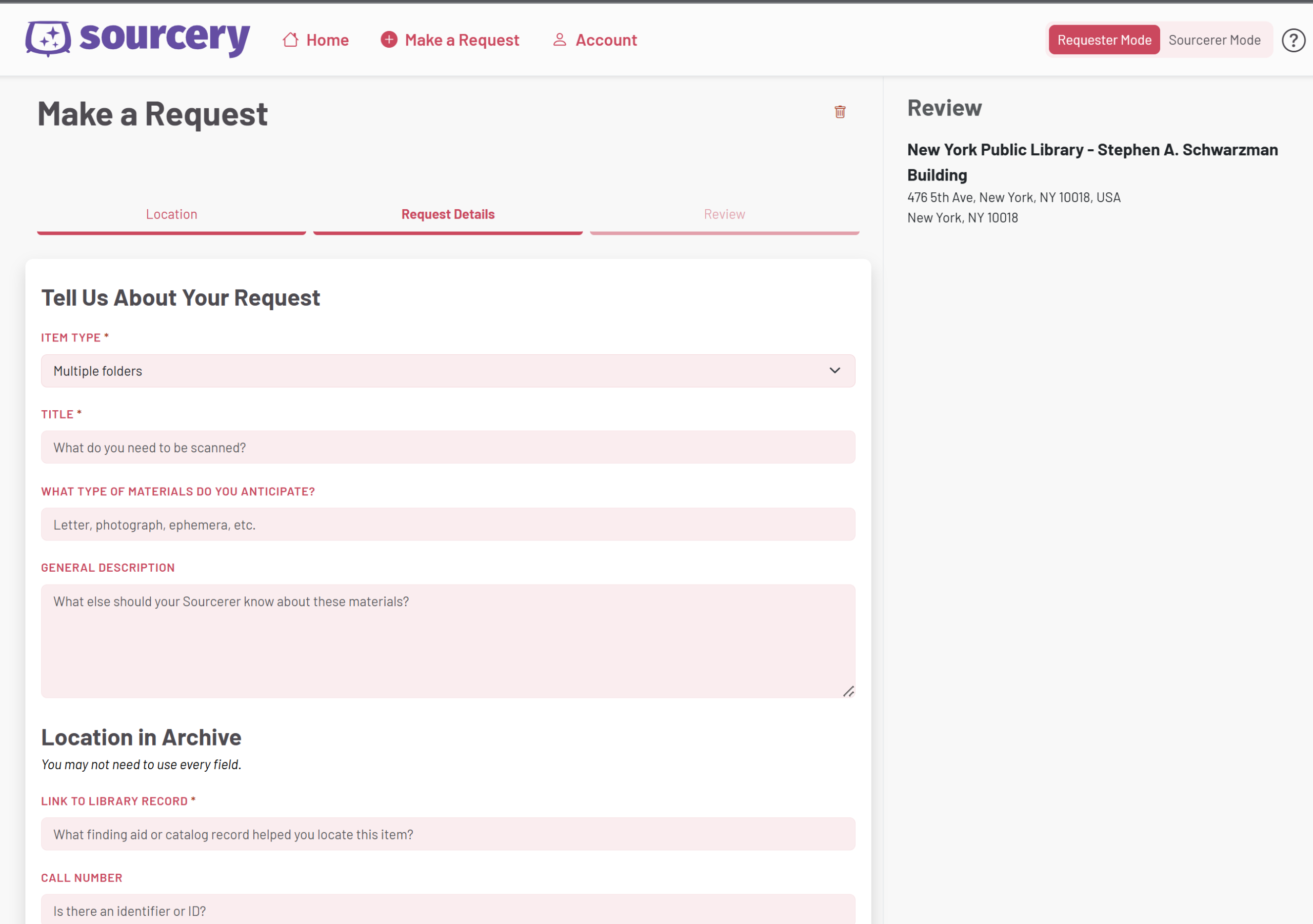 Screenshot of the form to request scans of archival materials using the Sourcery app.