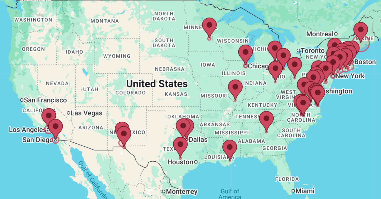 Map of the continental United States with pins to mark the locations where you can request archival scans through the Sourcery app.