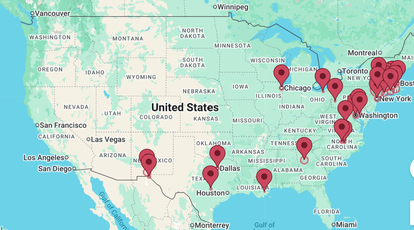 Map with pins representing Sourcery locations.